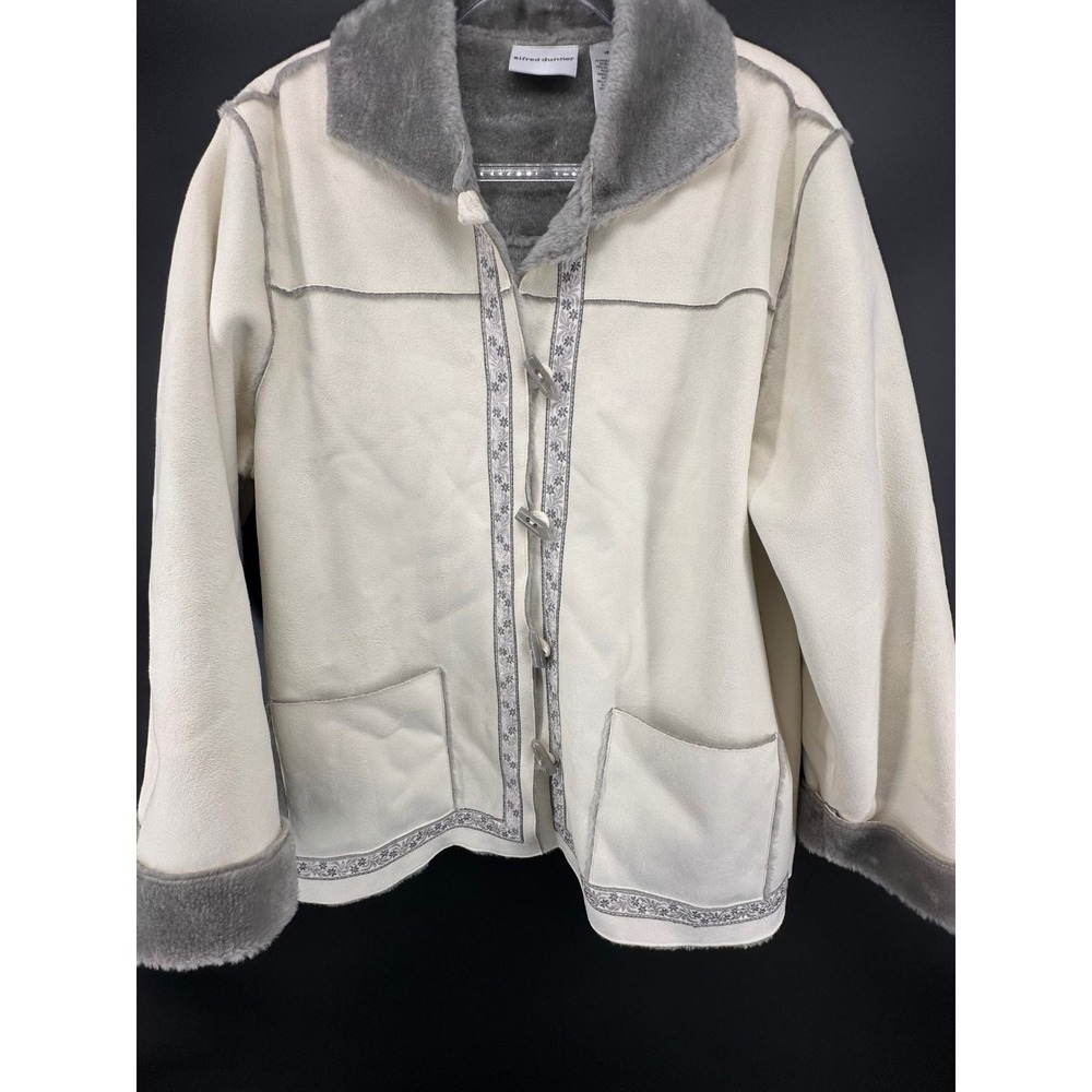 Alfred Dunner Womens Faux Suede Fur Lined Toggle Jacket Cream Grey Size 18